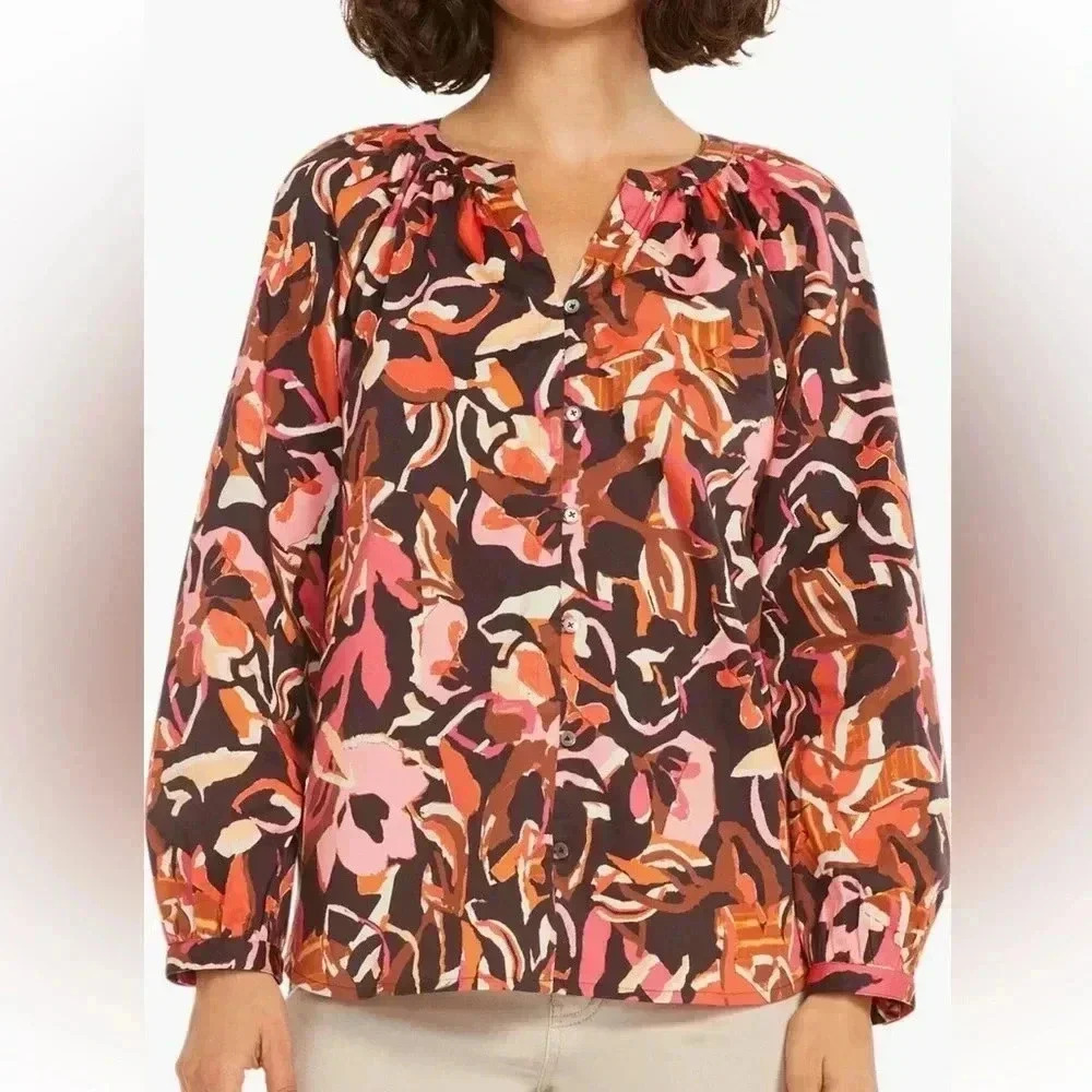 NIC+ZOE Autumn Flowers Split Neck Button-Up Blouse in Pink Multi Size Medium NWT
